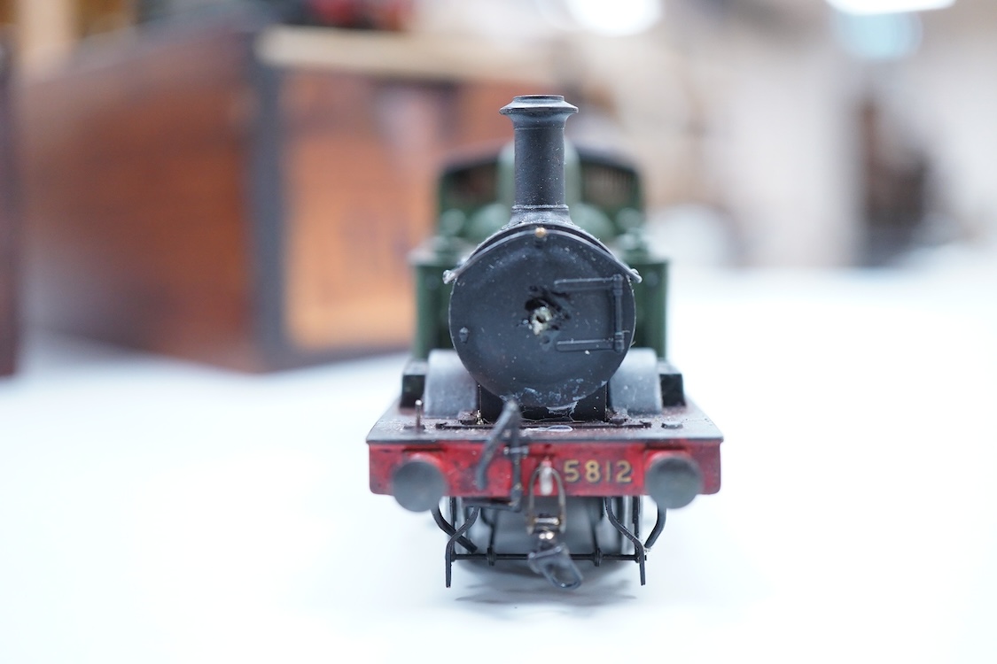Three EM gauge GWR model railway locomotives scratch built or adapted from kits by John Worsley; 0-4-2T, 5812, 0-4-2T, 1468, and 0-4-0ST, 1143, all well detailed models.